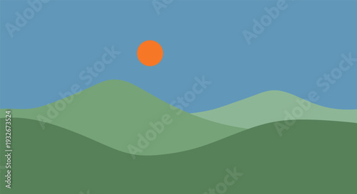 Serene landscape with minimalist mountains and orange sun in soft blue sky for travel brochure
