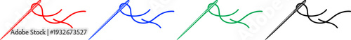 Sewing needle with thread wave icon set in red blue green and black on transparent grid background