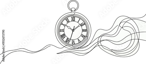 Vintage pocket watch with flowing lines on white background symbolizing time and motion