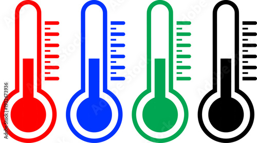 Thermometers in red blue green and black colors symbolizing different temperatures or conditions isolated on white background
