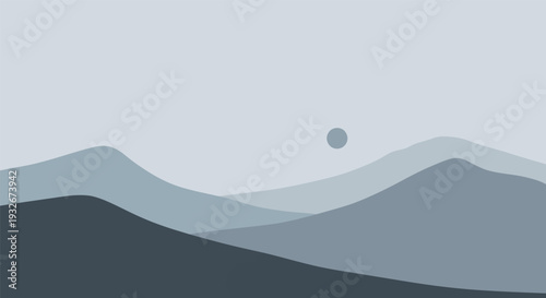 Minimalist mountain landscape in serene mood with soft gray lighting on digital illustration for background design