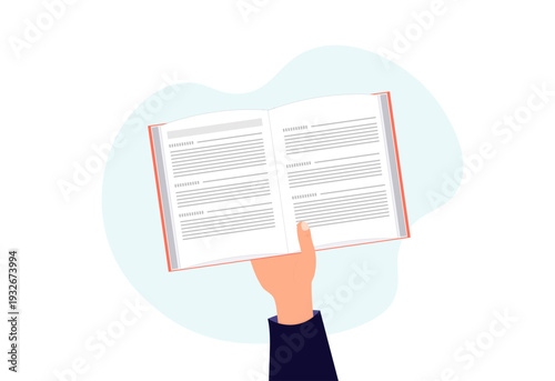 Person holding book in the hand, reading book, finding information in vocabulary, learning languages, study concept, flat vector illustration