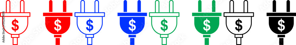 Obraz premium Electric plug icons with dollar sign representing energy costs and utility expenses in varied colors