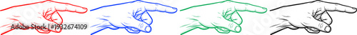 Hand pointing gesture sketch illustration in red blue green and black colors on transparent background