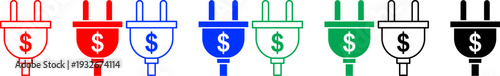 Electric plug icons with dollar sign representing energy costs and utility expenses in varied colors