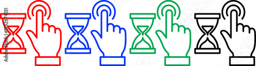 Hourglass and finger clicking icons set in four different colors for time management and user action