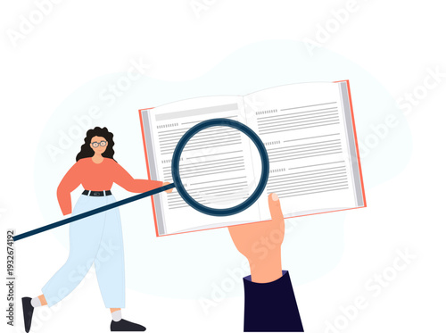 Person reading book, finding information in vocabulary, learning languages, study concept, flat vector illustration