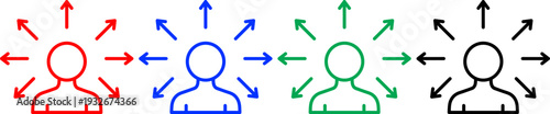 Outline human avatar icon with multiple arrows pointing outwards in different directions set graphic