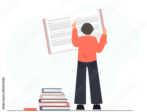Person reading book, finding information in vocabulary, learning languages, study concept, flat vector illustration