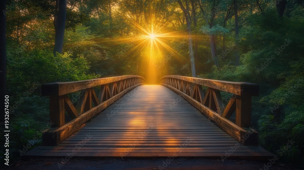 Obraz premium Wooden footbridge with railings leading through a lush forest into a golden sunburst, warm misty light and a peaceful, magical atmosphere