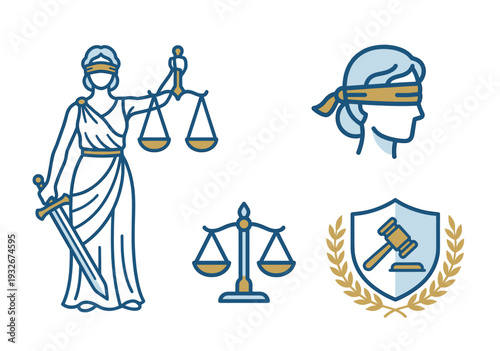 Lady justice vector line art icon set with blindfold woman profile scales and gavel inside shield for law firm legal service attorney and court design elements in blue and gold