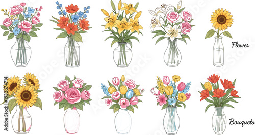 Beautiful flower bouquets in glass vases with sunflowers roses lilies and tulips realistic floral vector illustration collection