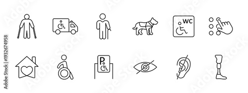 Accessibility set icon. Crutches, wheelchair transport, senior person, guide dog, accessible wc, tactile touch, care home, parking sign, blind vision, hearing aid, prosthetic leg, inclusive support.