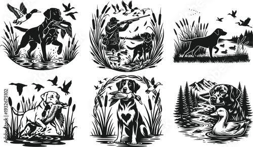 Dog hunting ducks in wetlands vector illustration flat design black and white