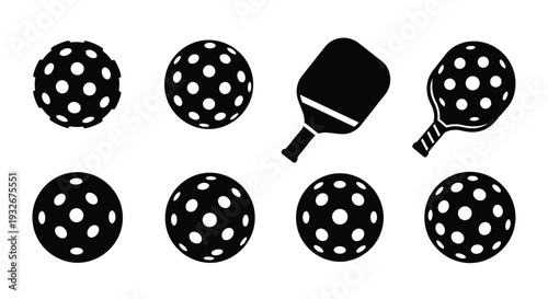 Black and white illustration of pickleballs and a paddle