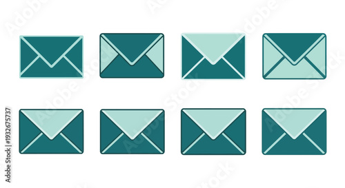 Collection of eight flat teal and navy blue envelope icons arranged in a grid