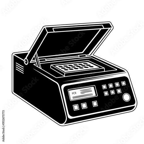 PCR Machine Black and White Vector Icon Polymerase Chain Reaction Thermal Cycler Line Art Illustration for Molecular Biology and Genetic Testing Laboratory Use