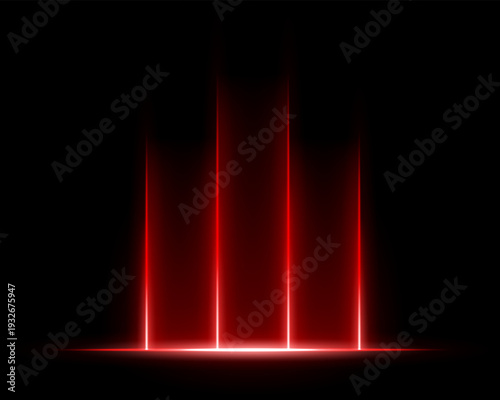 White vertical light beams composition. Four glowing columns with violet upper glow, warm base line, smooth gradients, dark backdrop, vibrant neon illumination atmosphere.