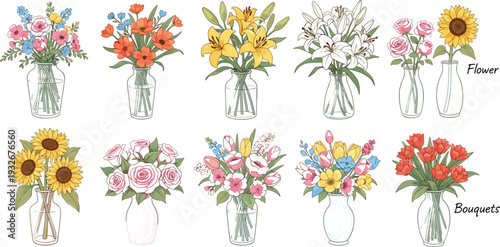 Beautiful flower bouquets in glass vases with sunflowers roses lilies and tulips realistic floral vector illustration collection
