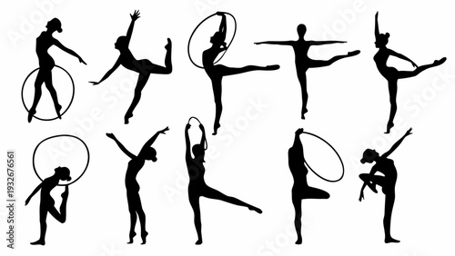 Silhouettes of women performing dynamic gymnastics with hoops