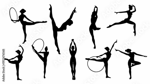 Dancers in dynamic poses with hula hoops in black silhouette