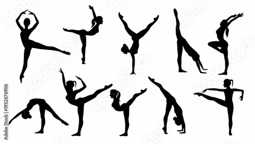 Silhouettes of women performing various yoga poses in different stances