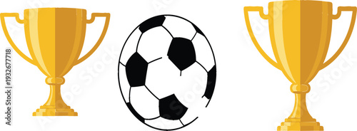Soccer championship trophy and football icon vector set with golden cups and classic ball symbols for sports awards, tournaments, victory, and competition designs