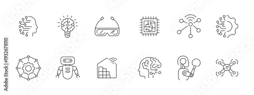 Artificial intelligence robotics set icon. Brain vr chip network gear robot signal automation drone depict machine learning digital technology future