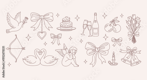 Wedding elements illustration with dove, bow, cake, champagne, and flowers in a whimsical setting