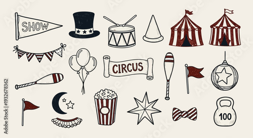 Vibrant Circus Elements Collection Featuring Flags, Hats, and Stars in Illustrative Style