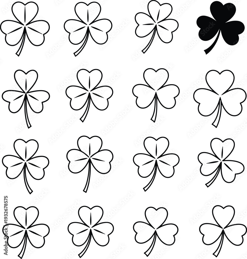 Obraz premium Black and white clover illustrations with one filled clover