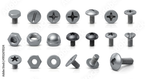 Assorted metal fasteners and screws displayed on a neutral background from a frontal viewpoint