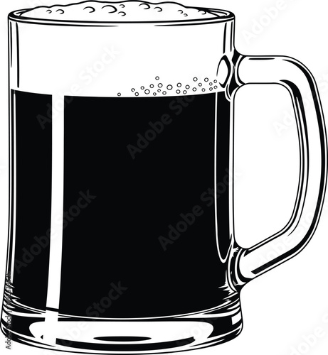 A black beer in a clear glass mug with a handle