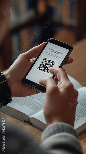 Person scanning QR code on smartphone in library