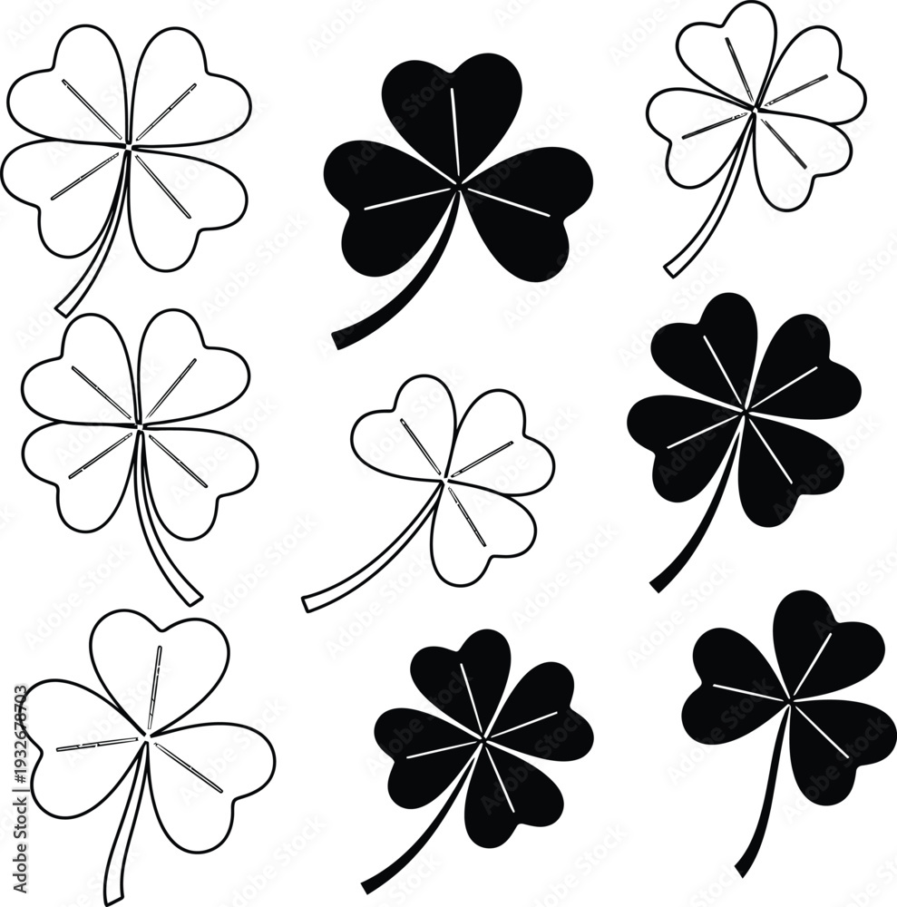 Obraz premium Collection of black and white clover illustrations