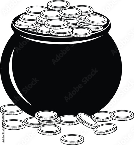 Black cauldron filled with gold coins on white background