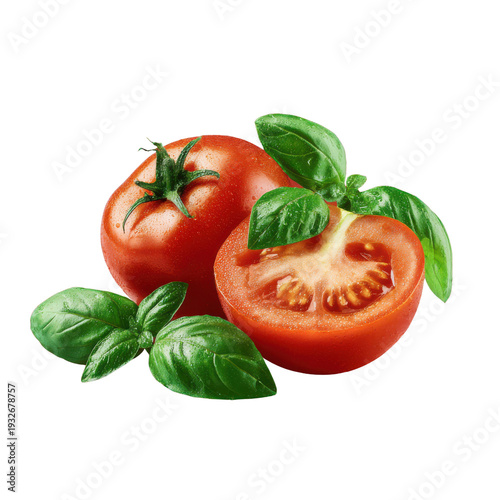 Ripe red tomato cut in half with fresh green basil leaves image, Isolated, Png Transparent Background
