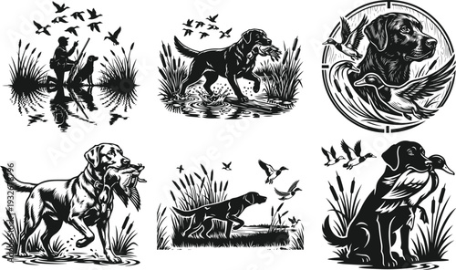 Dog hunting birds in nature wildlife scene vector illustration black and white