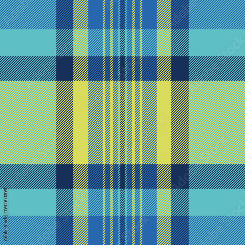 Dress tartan textile check, bandana seamless fabric plaid. Naked vector pattern texture background in cyan and lime colors.