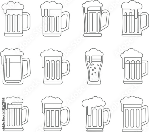 A collection of 12 beer mug line drawings with varying handles and foamy tops
