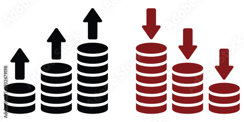 Coin, stack icon set representing money increase and decrease with directional arrows, financial analytics, business growth and decline symbols, economy and investment vector graphics.