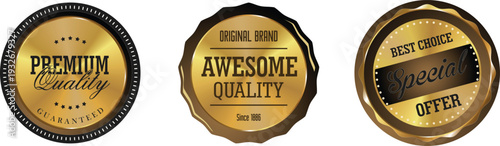 Three gold labels with promotional text on a white background