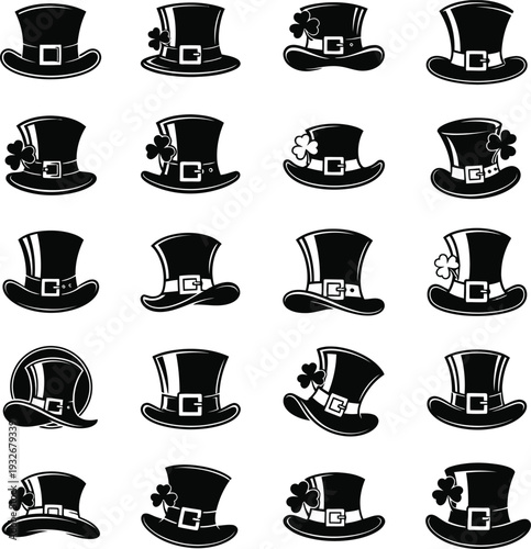 Collection of top hats in various orientations and positions