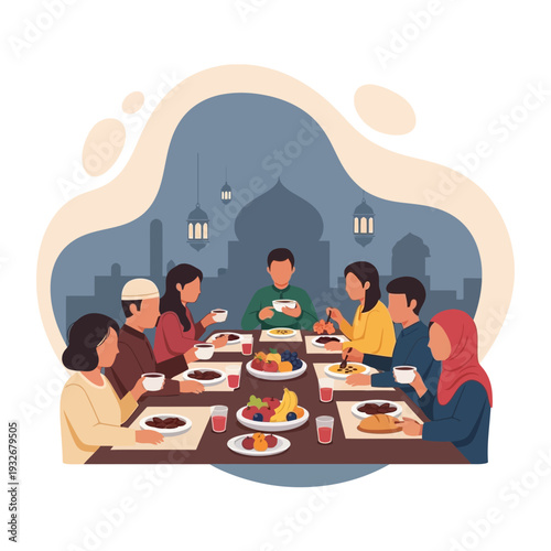 People gathering around a table for a meal in a cultural setting with a cityscape in the background