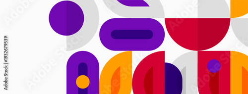 Abstract geometric shapes overlap. Purple, orange, pink hues dominate composition. Minimalist design, modern aesthetic.