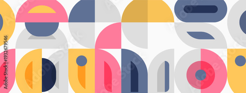 Abstract geometric pattern. Rounded shapes overlap, creating colorful, modern design. Soft hues dominate composition.