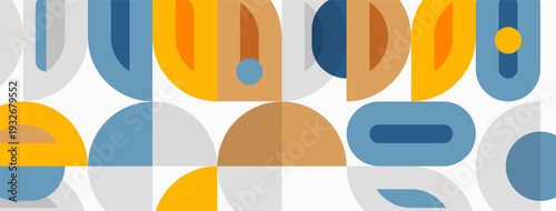 Abstract geometric pattern. Overlapping shapes create midcentury modern aesthetic. Warm, cool colors blend seamlessly. Simple design.