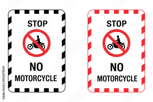 No motorcycle icon vector, prohibition symbol with motorbike silhouette, red restriction sign illustration for traffic rules