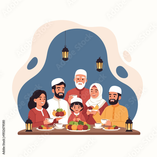 Family Gathering During Ramadan Celebration at Home with Traditional Food and Decorations