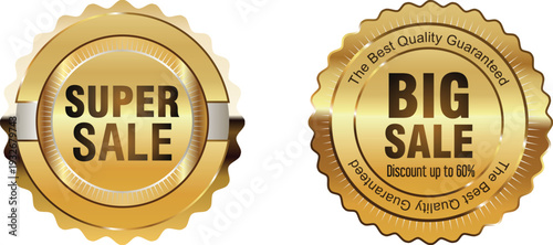Golden super sale and big sale badges on white background